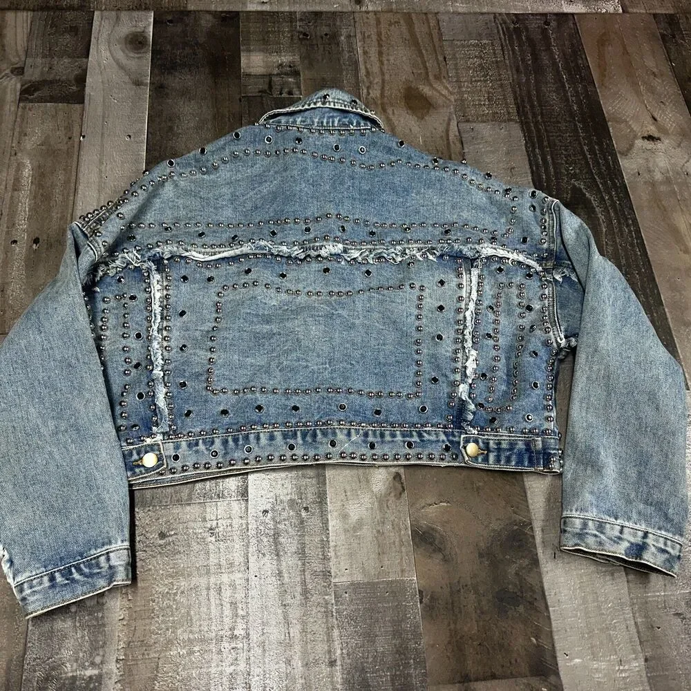 Ma Cherie Denim Jacket Womens Trucker Rhinestone Studded Jacket Size‎ Large